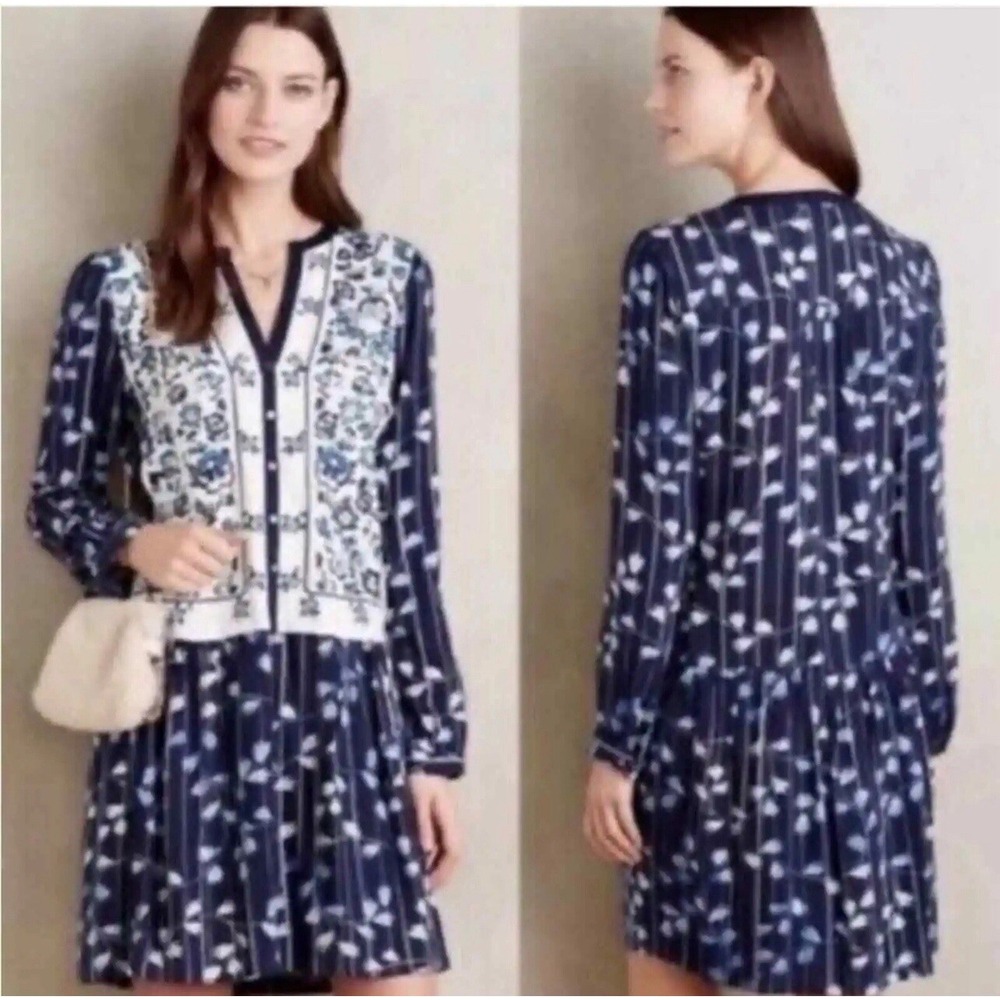 Anthropologie TINY Navy‎ White Embroidered Tunic Dress XS with Pockets